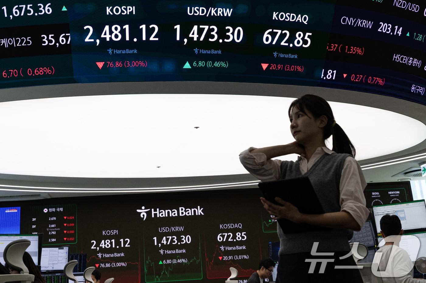 서울 중구 하나은행 본점 딜링룸 전광판./뉴스1 ⓒ News1 이승배 기자