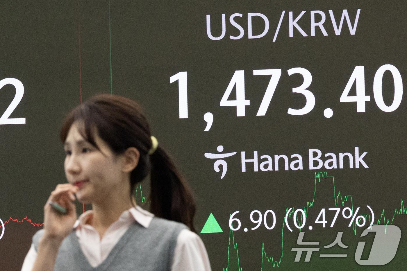 본문 이미지 - 모든 상장 종목의 공매도가 전면 재개된 31일 서울 중구 하나은행 본점 딜링룸 전광판에 달러·원 환율이 전 거래일 대비 6.90원 오른 1,473.40원을 나타내고 있다. 이날 코스피 지수는 전 거래일 대비 76.86p(3.00%) 하락한 2,481.12, 코스닥 지수는 20.91p(3.01%) 하락한 672.85으로 장을 마감했다. 2025.3.31/뉴스1 ⓒ News1 이승배 기자