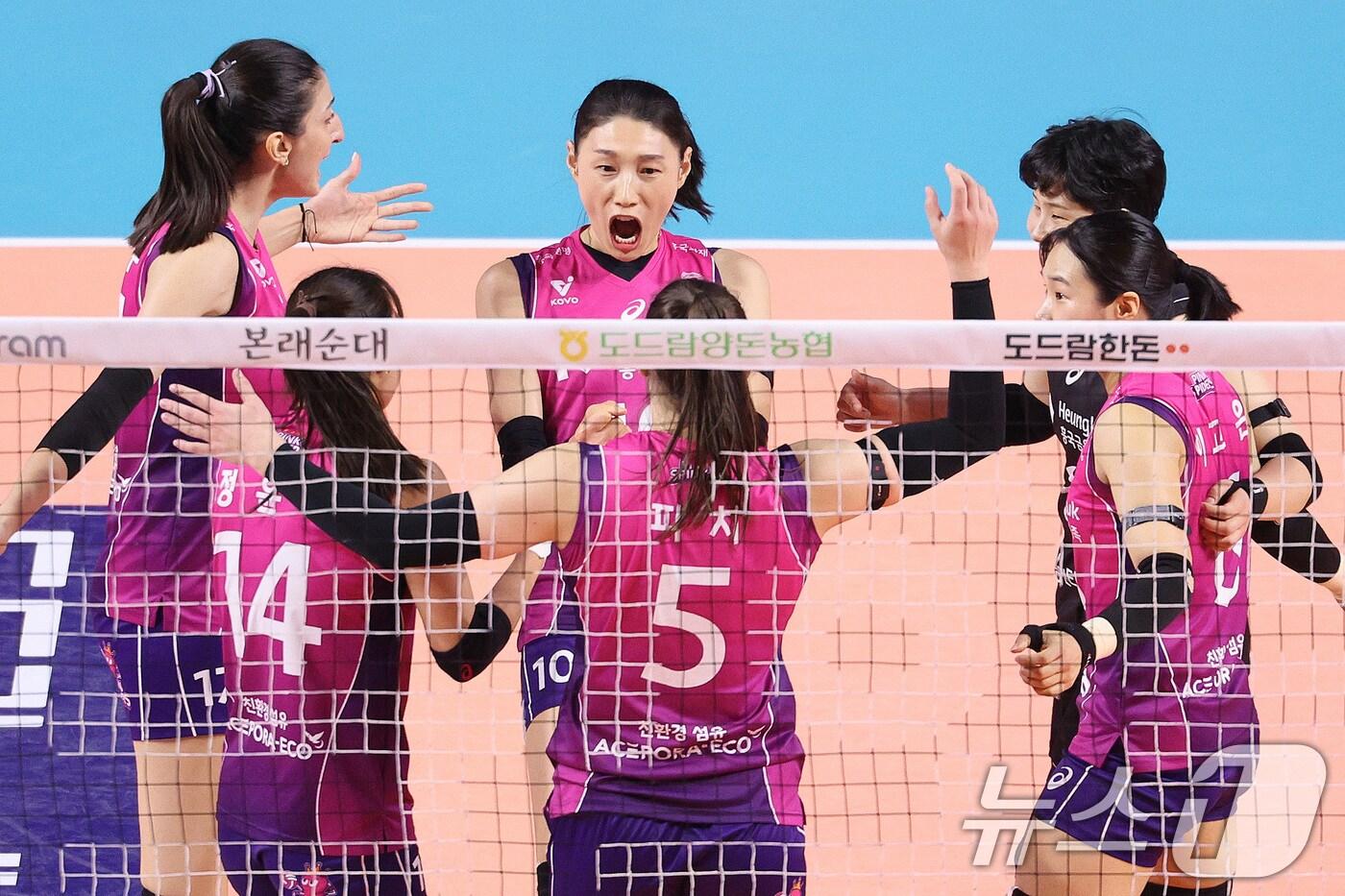 31일 인천 부평구 삼산월드체육관에서 열린 프로배구 2024-2025 도드람 V리그 여자부 흥국생명과 정관장의 챔피언결정전 1차전에서 흥국생명 김연경이 득점 후 동료들과 기쁨을 나누고 있다. 2025.3.31/뉴스1 ⓒ News1 신웅수 기자