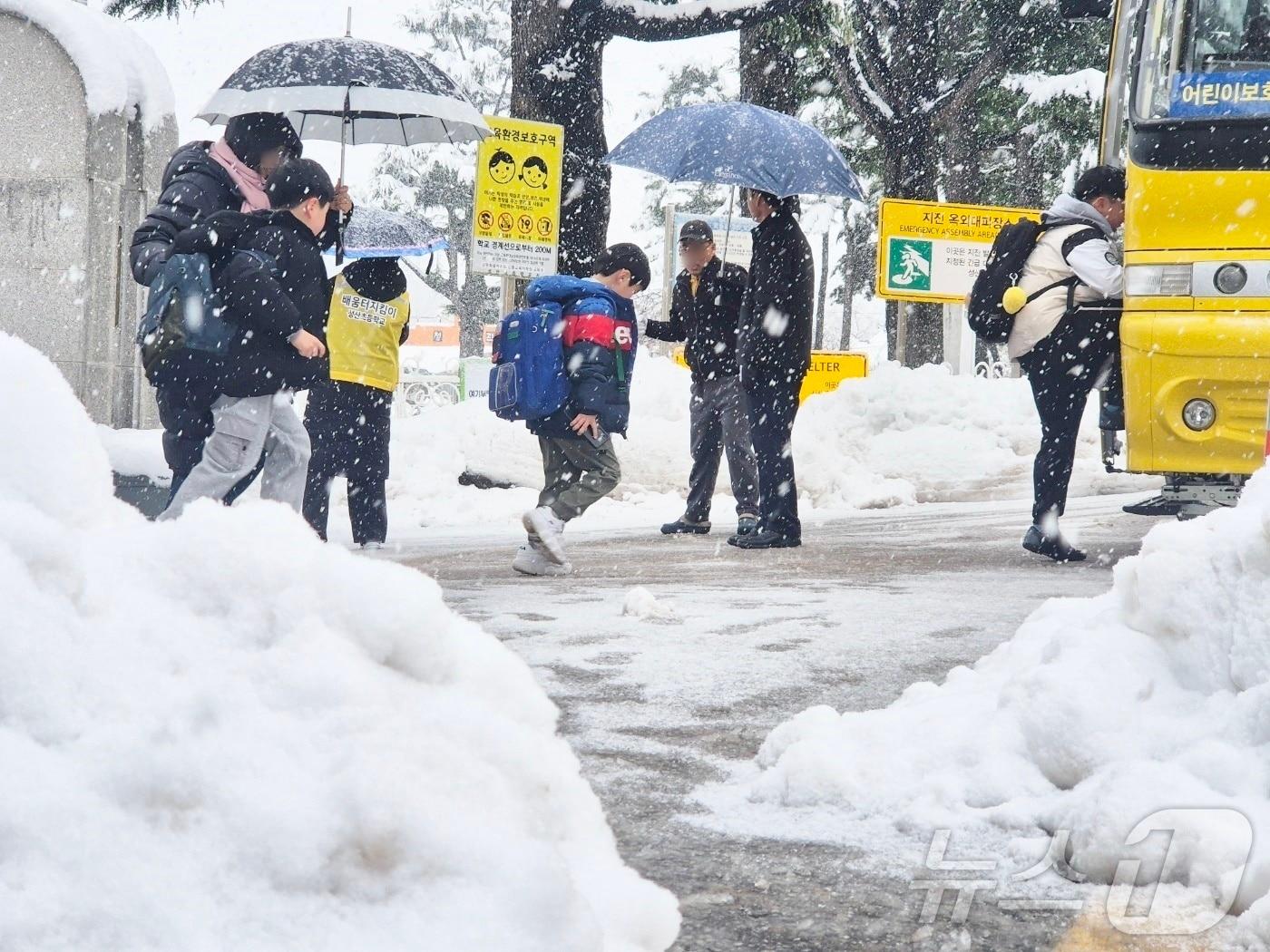 본문 이미지 - 초등학교 개학 직후인 지난 3월 강원 강릉에 쏟아진 폭설. 성산초등학교 학생들이 눈폭탄 속 하교하는 모습.&#40;뉴스1 DB&#41; ⓒ News1 윤왕근 기자
