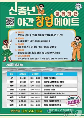 본문 이미지 - 남구 일자리종합센터가 중장년의 창업 의식 함양과 창업 기초역량 강화를 위해 ‘신중년 야간 창업 메이트’ 교육생을 모집한다고 4일 밝혔다.(울산 남구 제공. 재판매 및 DB 금지)