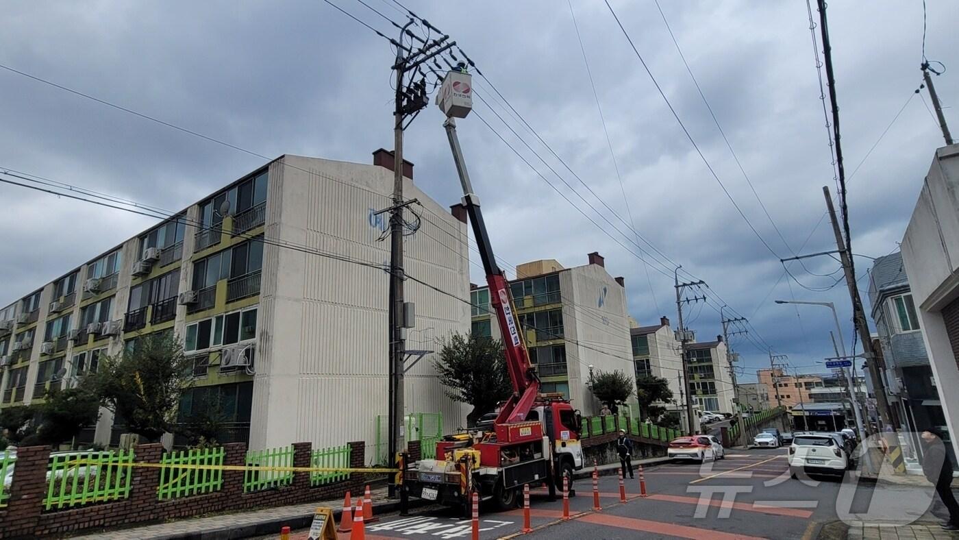  한전이 정전 복구 활동을 하고 있다.(제주소방안전본부 제공, 재판매 및 DB 금지)/뉴스1