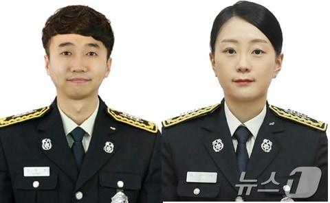본문 이미지 - 지난달 비행기에서 응급환자를 구한 부산 중부소방서 소속 강문찬 소방장(왼쪽)과 조미나 소방장.(부산소방재난본부 제공. 재판매 및 DB 금지)