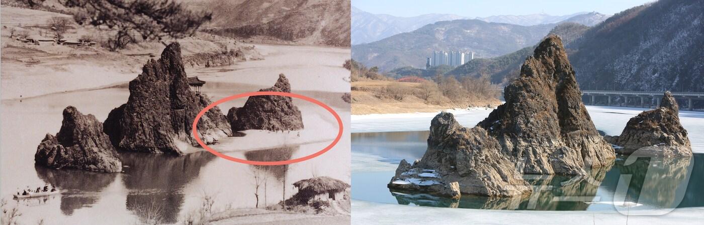 1970년 대 촬영된 것으로 알려진 단양 도담삼봉(왼쪽) 모습과 현재의 도담삼봉 모습. 왼쪽 도담삼봉 아래 지점에 모래톱(빨간 원)이 형성돼 있고, 오른쪽 도담상봉 아래 지점은 모래톱이 없다.2025.3.9./뉴스1 ⓒ News1 손도언 기자 