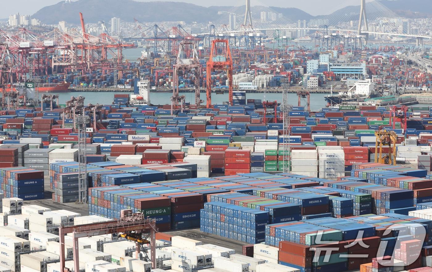 부산항 신선대부두와 감만부두 야적장에 컨테이너가 가득 쌓여 있다.  2025.3.7/뉴스1 ⓒ News1 윤일지 기자