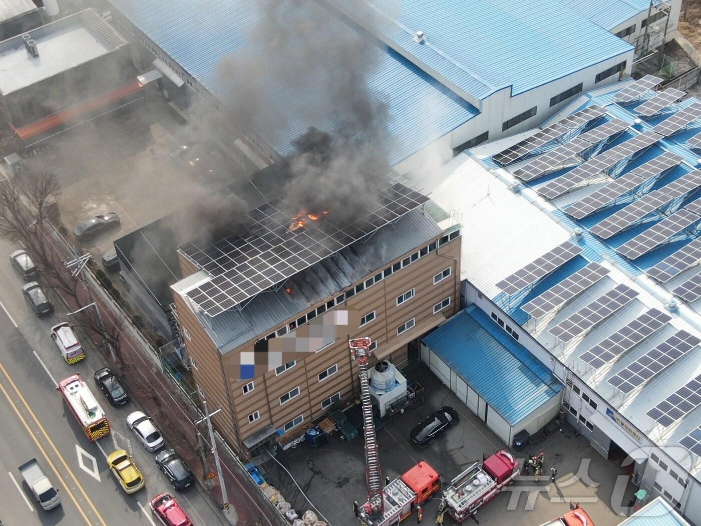 본문 이미지 - 7일 오후 2시 2분쯤 경북 칠곡군 왜관읍 금산리 한 공장에서 불이 나 1시간 30여분만에 진화됐다.&#40;칠곡소방서 제공.재판매 및 DB금지&#41; 2025.3.7/뉴스1