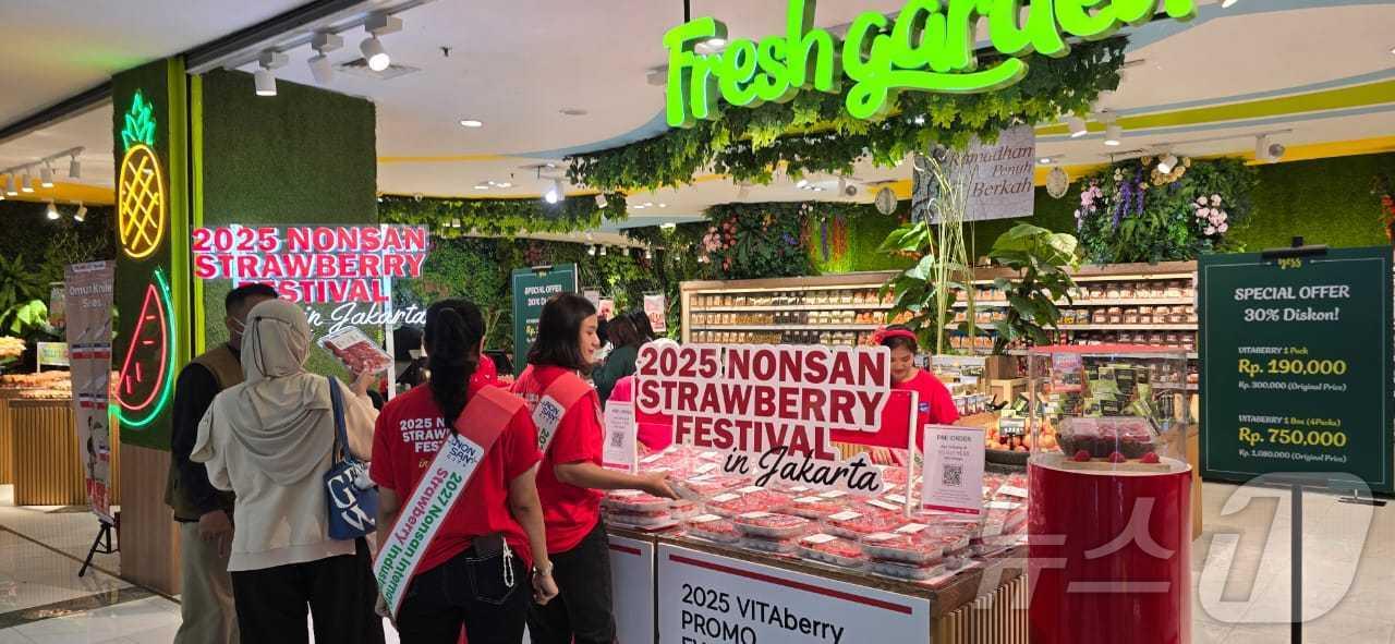 본문 이미지 - 인도네시아 자카르타시 코타카사블랑카 쇼핑몰 내에 설치된 논산딸기 특별판매장에서 현지인들이 딸기를 구매하고 있다.(논산시 제공.. 재판매 및 DB금지) /뉴스1