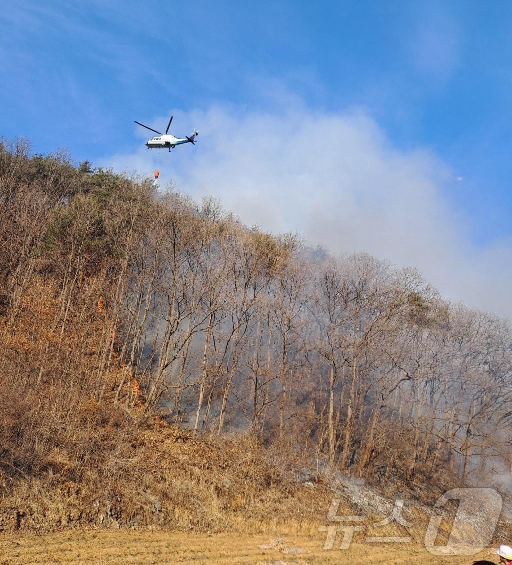 본문 이미지 - 9일 옥천군 청성면 양저리의 한 야산에서 발생한 산불.(옥천소방서제공. 재판매 및 DB금지) /뉴스1 