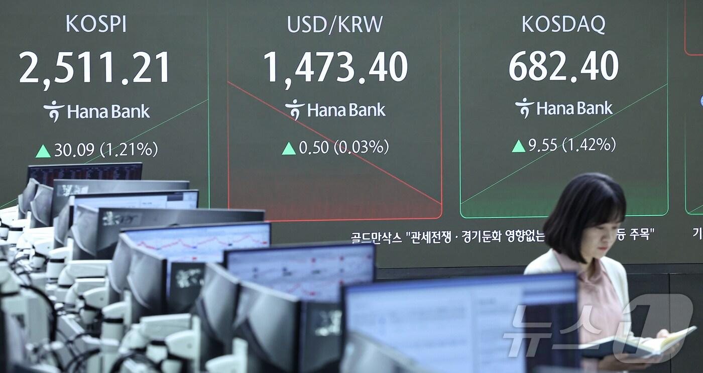 공매도 재개 이튿날인 1일 오전 서울 중구 하나은행 본점 딜링룸 전광판에 코스피와 코스닥, 원·달러 환율 개장 시황이 표시되고 있다. 이날 코스피는 전거래일 대비 30.12p&#40;1.21%&#41; 상승한 2511.24, 코스닥은 전날 대비 8.73p&#40;1.30%&#41; 오른 681.58에 거래를 시작했다. 원·달러 환율은 전거래일 대비 0.1원 오른 1473.0에 출발했다. 2025.4.1/뉴스1 ⓒ News1 김도우 기자
