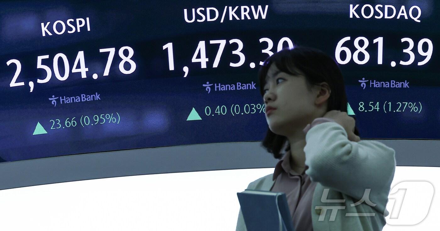 서울 중구 하나은행 본점 딜링룸 전광판./뉴스1 ⓒ News1 김도우 기자