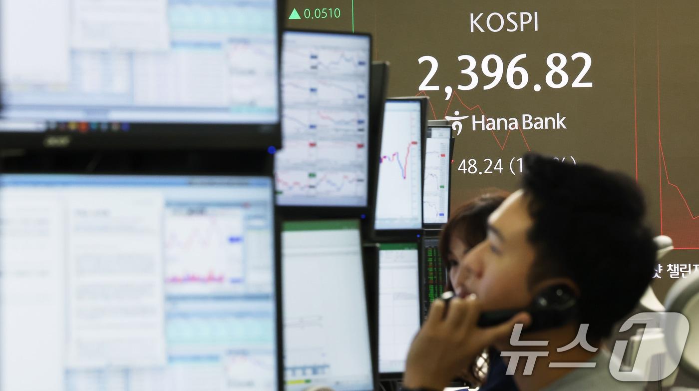 11일 오전 서울 중구 하나은행 본점 딜링룸 전광판에 코스피지수가 장초반 2400 아래로 표시되고 있다./뉴스1 ⓒ News1 장수영 기자