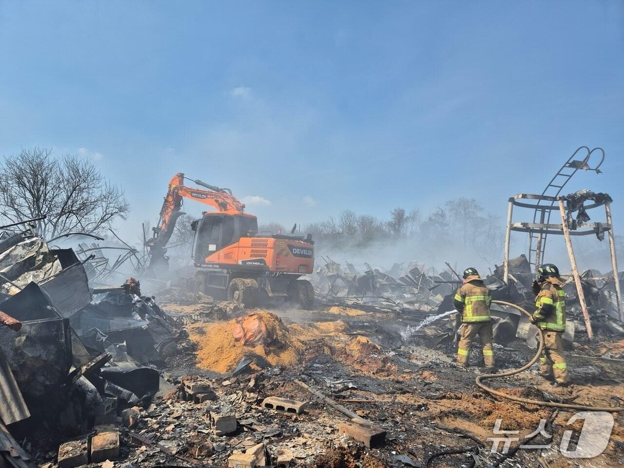 본문 이미지 - 당진 송악읍의 한 양계장에서 불이 나 소방대원들이 잔불을 정리하고 있다. (당진소방서 제공. 재판매 및 DB금지) /뉴스1