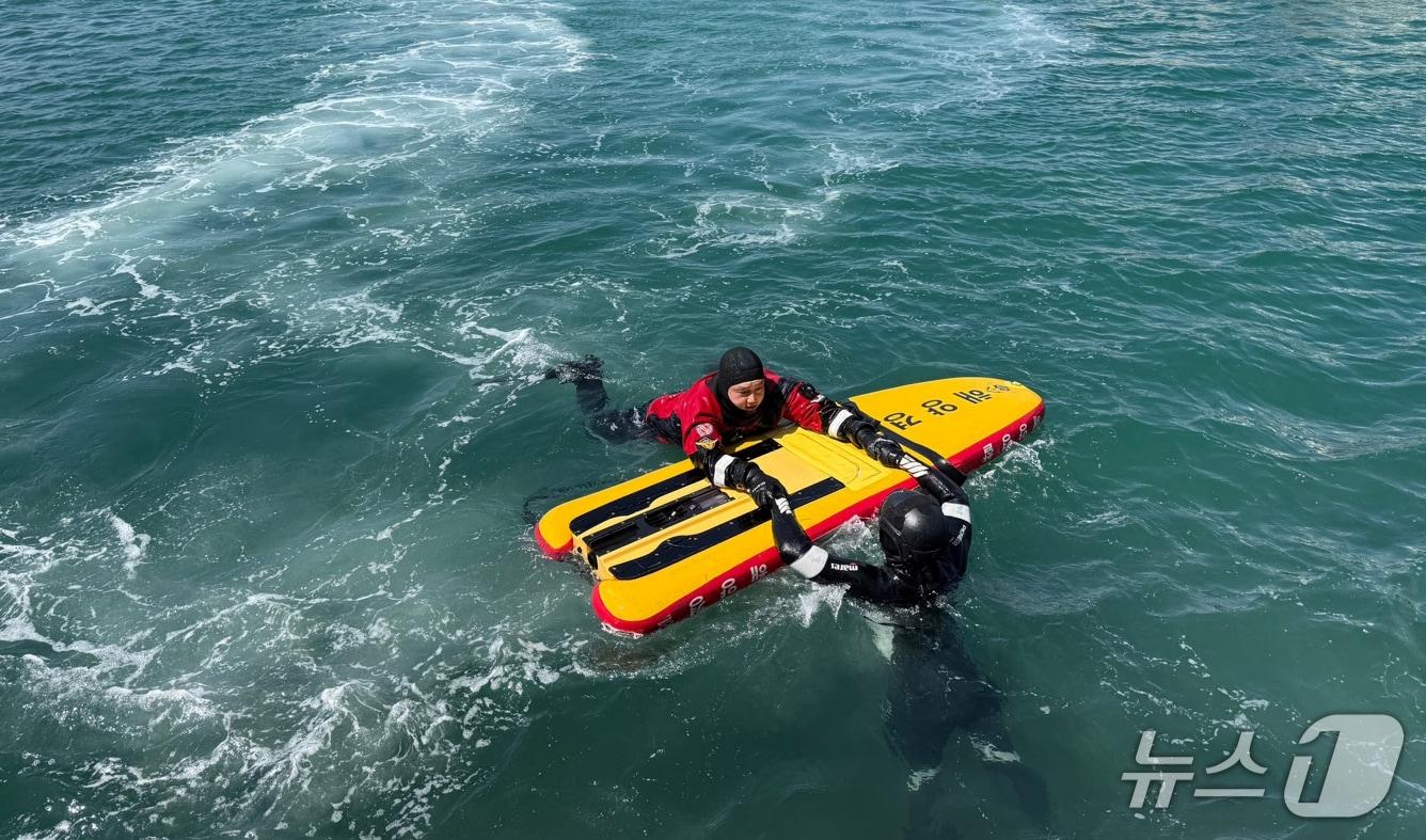 본문 이미지 - 포항해양경찰서 구조대원과 파출소 직원들이 16일 포항 앞바다에서 해양사고 초기 구조 대응력 강화 훈련을 실시했다.(포항해양경찰서 제공, 제판매 및 DB 금지) 2025.4.16/뉴스1 