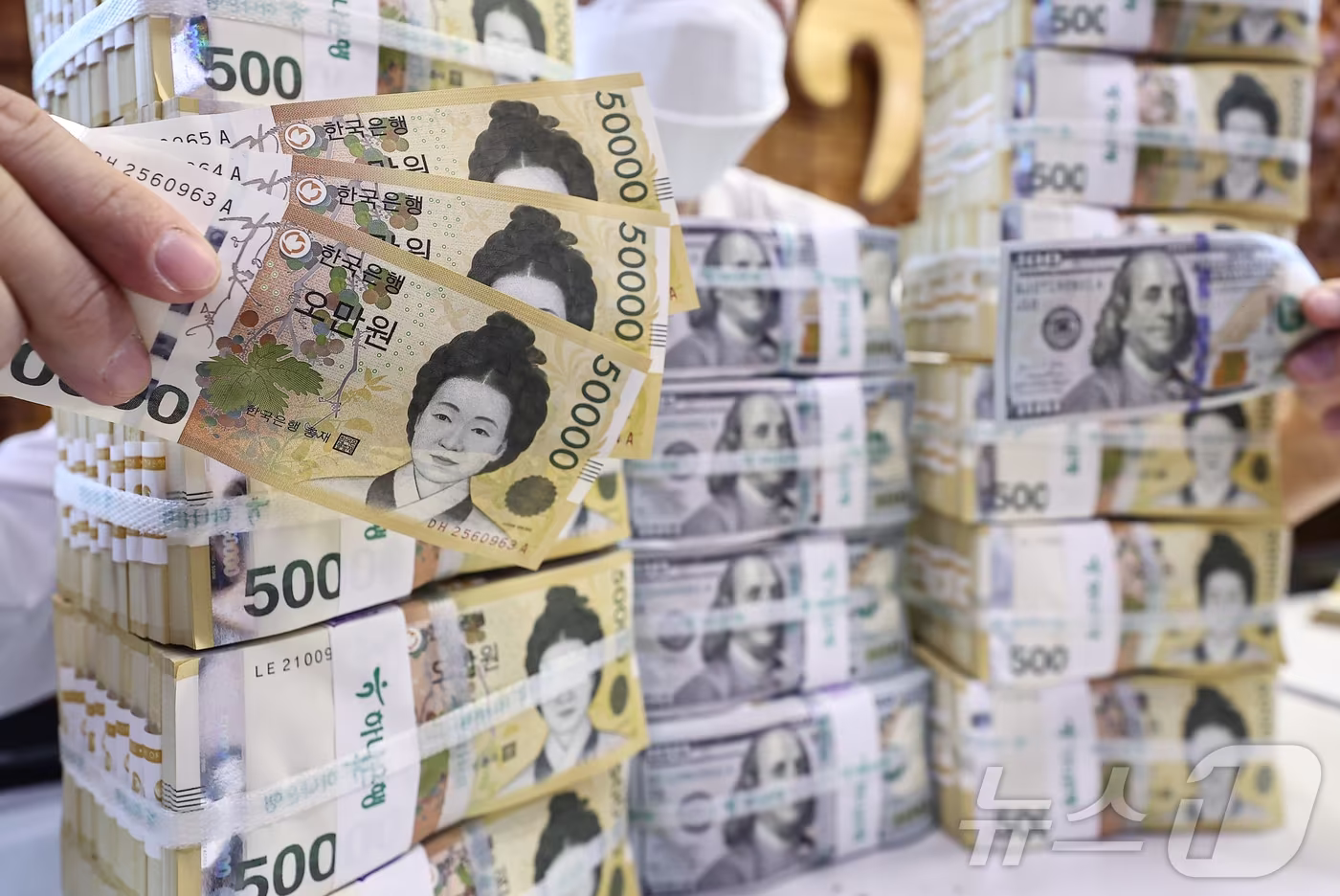 서울 중구 하나은행 위변조대응센터 직원이 달러와 원화 지폐를 살펴보고 있다. 2025.4.17/뉴스1 ⓒ News1 김도우 기자