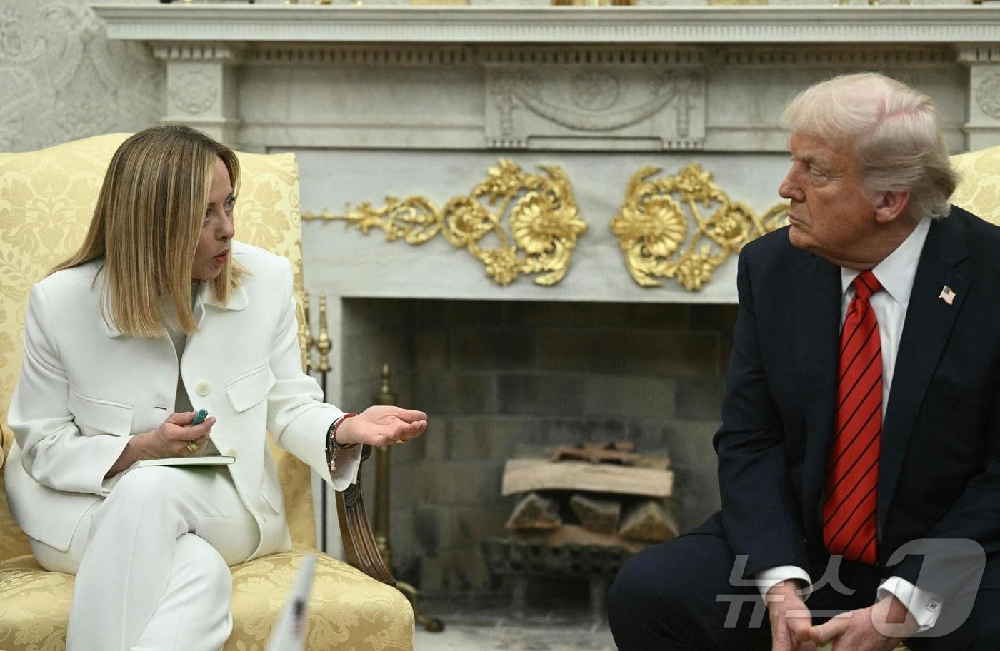 본문 이미지 - 도널드 트럼프 미국 대통령이 17일(현지시간) 워싱턴 백악관에서 조르자 멜로니 이탈리아 총리와 회담을 하고 있다. 2025.04.18 ⓒ AFP=뉴스1 