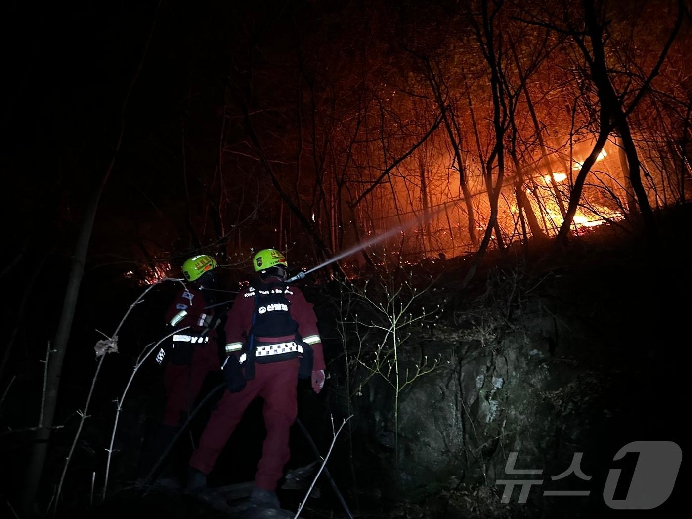 본문 이미지 - 지난달  26일 밤 경북 산청군 시천면에서 산림청 공중진화대 및 산불재난특수진화대가 민가 및 지리산을 지키기 위해 사투를 벌이고 있다. (산림청 제공.재판매 및 DB금지)/뉴스1