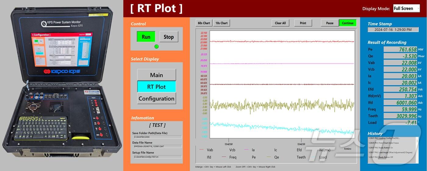 한전KPS가 자체 개발한 기술특성시험 특화장비 KPSM 실물(사진 왼쪽) 및 계측화면.(한전KPS 제공, 재배포 및 DB 금지) /뉴스1
