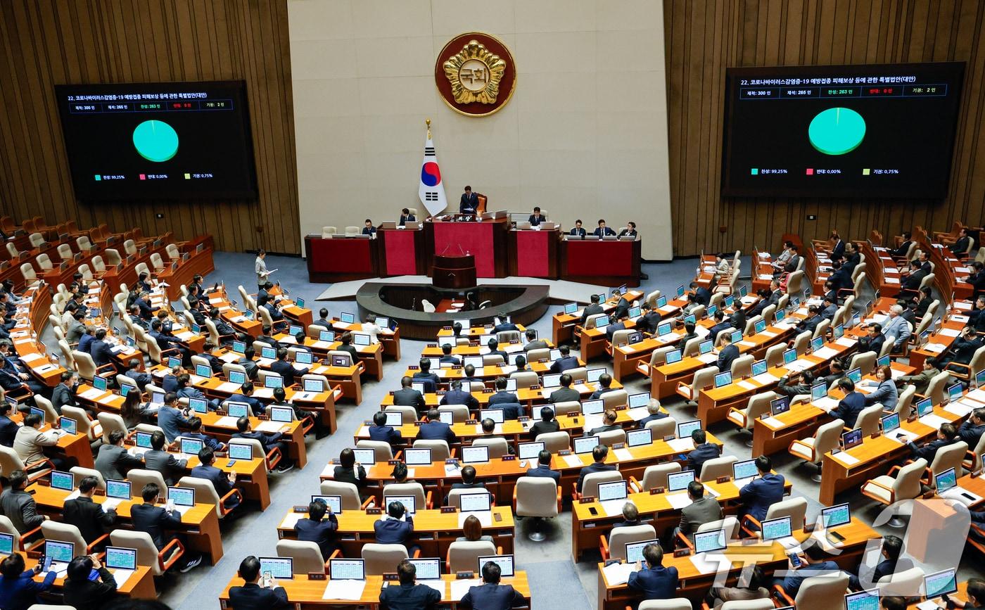 2일 오후 서울 여의도 국회에서 열린 제423회국회(임시회) 제3차 본회의에서 코로나바이러스감염증-19 예방접종 피해보상 등에 관한 특별법안(대안)이 재적 300인, 재석 265인, 찬성 263인, 반대 0인, 기권 2인으로 통과되고 있다. 2025.4.2/뉴스1 ⓒ News1 안은나 기자