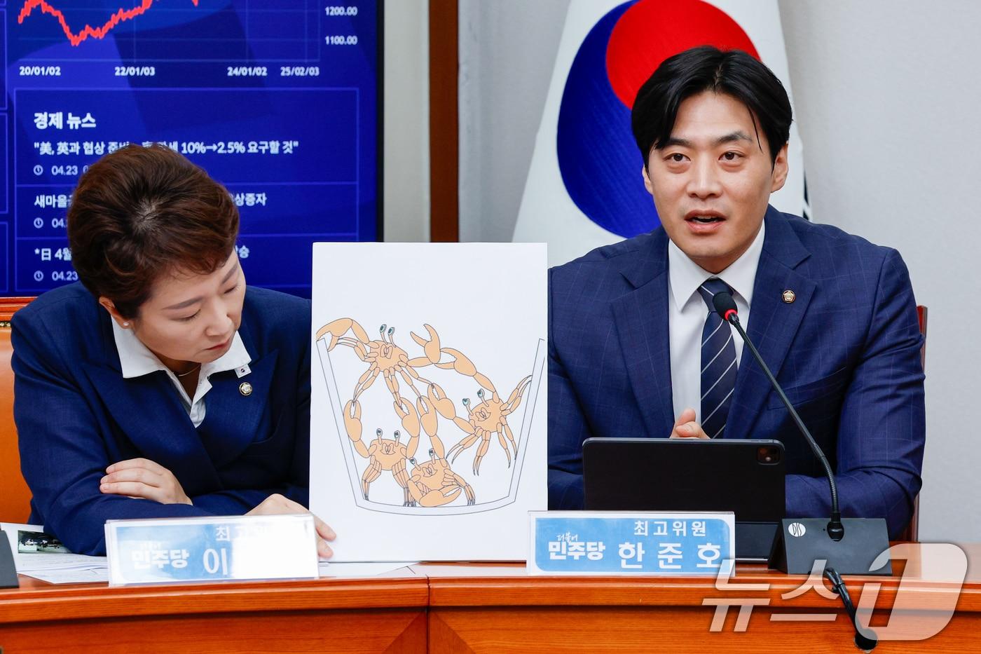 한준호 더불어민주당 최고위원이 23일 오전 서울 여의도 국회에서 열린 최고위원회의에 참석해 발언하던 중 국민의힘 대선 경선을 심리학 용어인 '크랩 멘탈리티(Crab Mentality)'에 빗대 설명하고 있다. 크랩 멘탈리티는 남이 성공하는 모습을 보지 못하고 끌어내리려는 태도를 표현한 용어다. 2025.4.23/뉴스1 ⓒ News1 안은나 기자