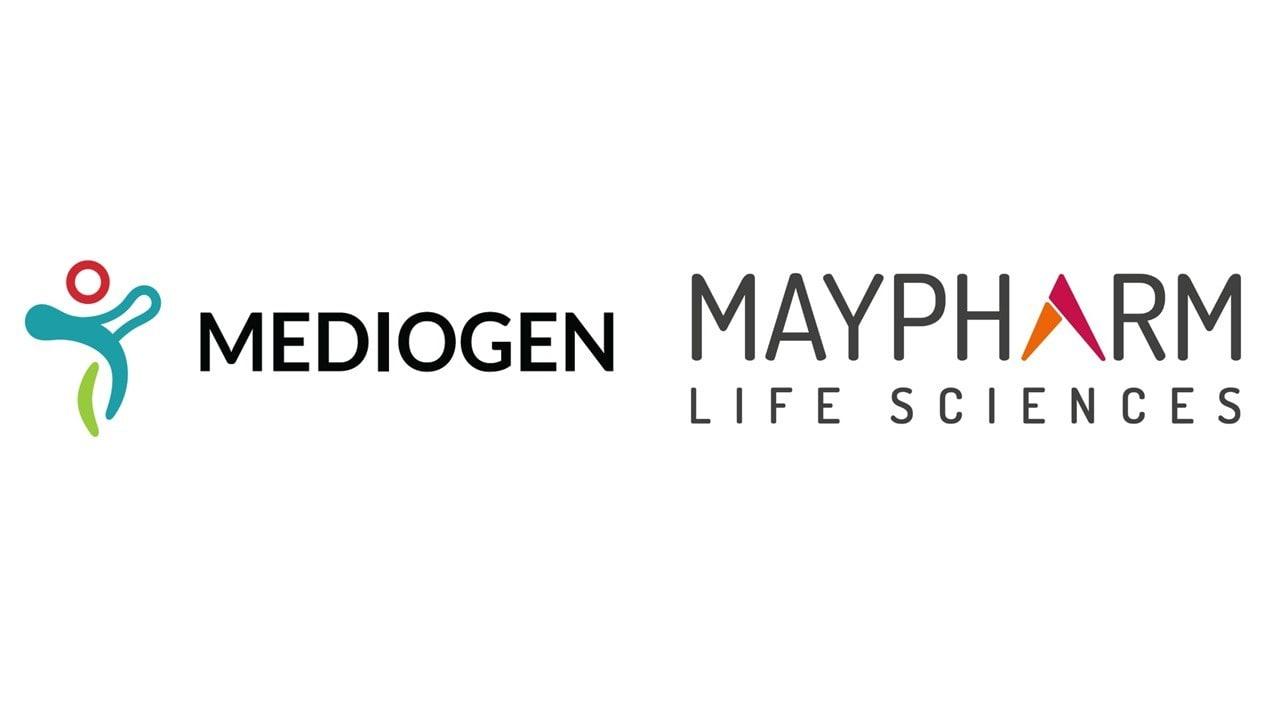 본문 이미지 -  메디오젠-메이팜라이프사이언스 로고. (지아이이노베이션 제공)