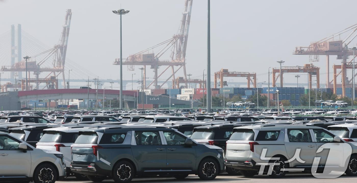  24일 경기 평택시 포승읍 평택항 자동차전용부두에 수출용 차량들이 세워져 있는 모습. 2025.4.24/뉴스1 ⓒ News1 김영운 기자