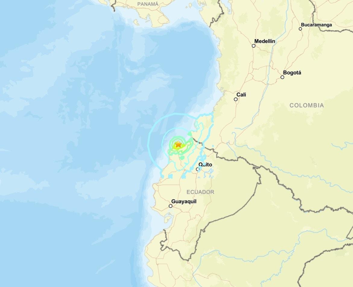 본문 이미지 - 에콰도르 지진 발생 진앙지 지도/출처:미국 지질조사국 