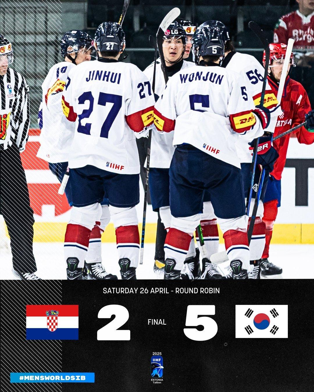 본문 이미지 - 한국 아이스하키 대표팀이 세계선수권대회에서 크로아티아를 5-2로 꺾었다.(IIHF SNS 캡처)