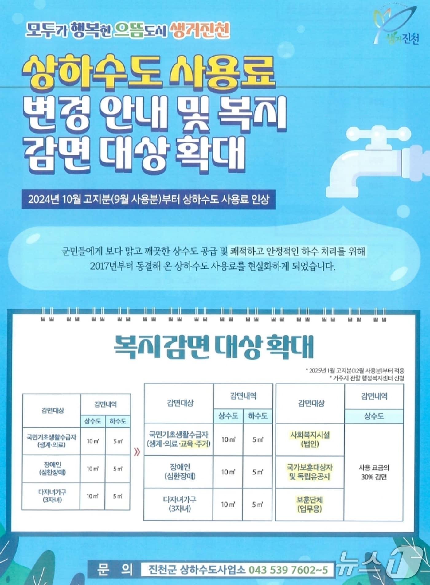 본문 이미지 - 충북 진천군은 2025년 상하수도요금 인상과 함께 복지감면 대상자 범위를 확대한다.&#40;진천군 제공&#41;/뉴스1