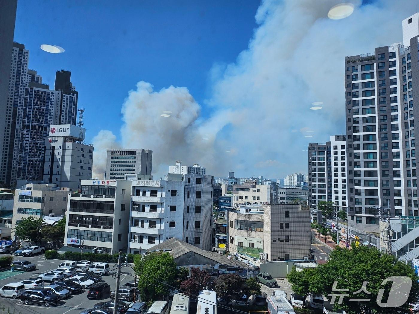 본문 이미지 - 28일 오후 2시 1분쯤 대구 북구 노곡동 함지산에 불이 나 연기가 중구 동인동 중구청사에서도 보이고 있다. 2025.4.28/뉴스1 남승렬 기자
