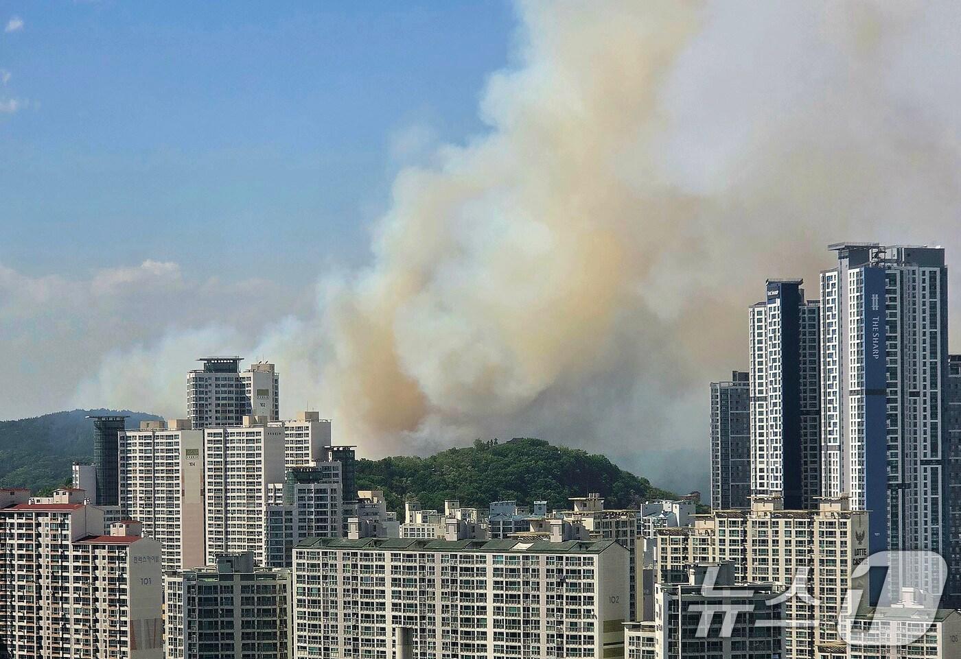 28일 오후 2시 1분쯤 대구 북구 노곡동 함지산에서 불이 나 연기가 바람을 타고 도심으로 번지고 있다. 2025.4.28/뉴스1 ⓒ News1 공정식 기자
