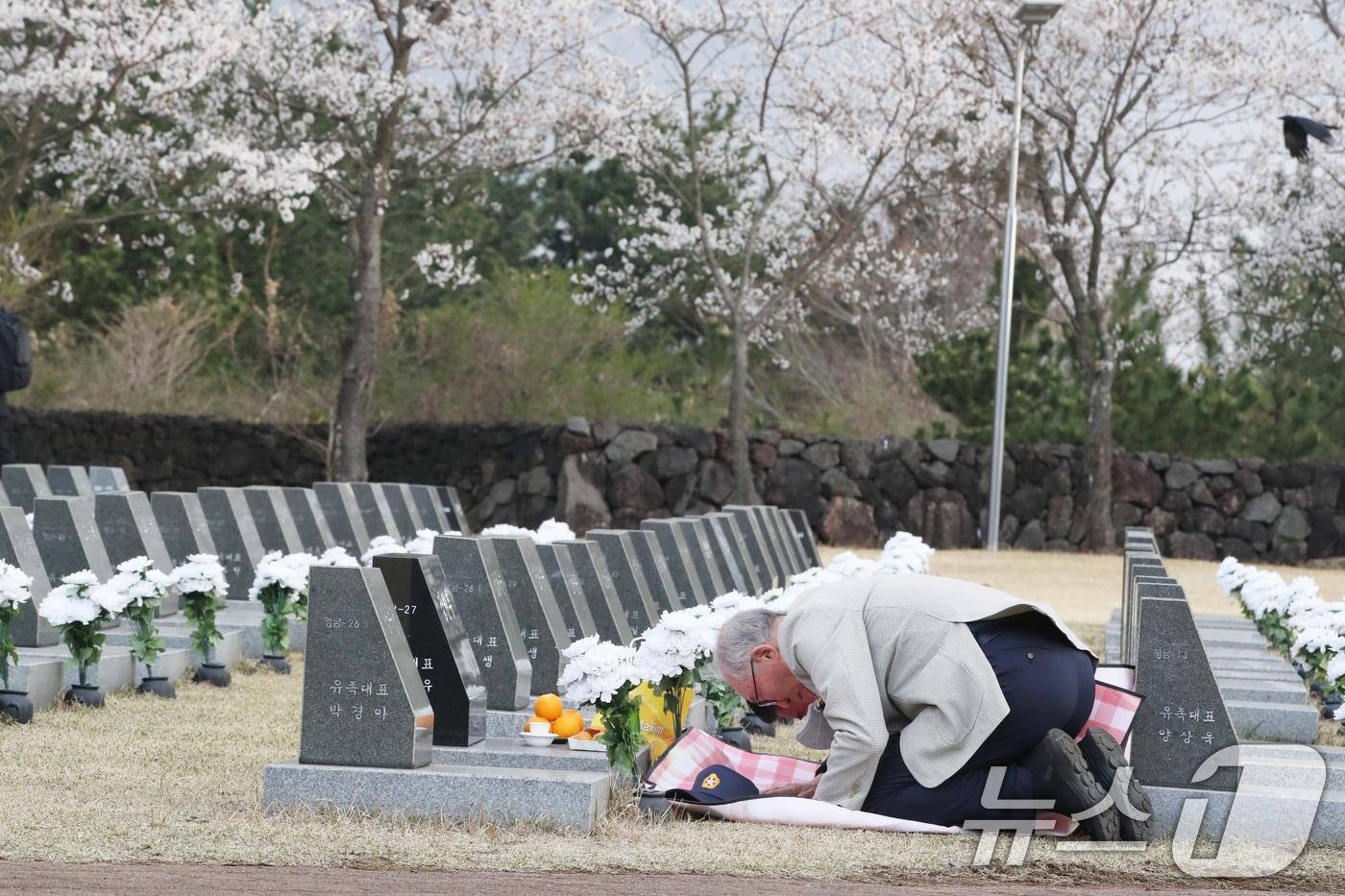 제주시 봉개동 제주4·3평화공원 행방불명인 묘역에서 유족들이 희생자의 넋을 기리고 있다.(제주도사진기자회. 재배포 및 DB 금지) 2025.4.3/뉴스1 ⓒ News1 
