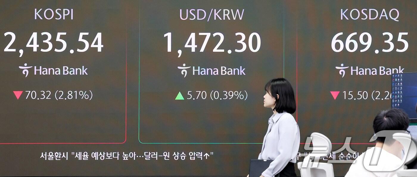 도널드 트럼프 미국 대통령이 상호 관세 부과 방침을 발표한 3일 오전 서울 중구 하나은행 본점 딜링룸에 시황이 표시되고 있다. 2025.4.3/뉴스1 ⓒ News1 김성진 기자