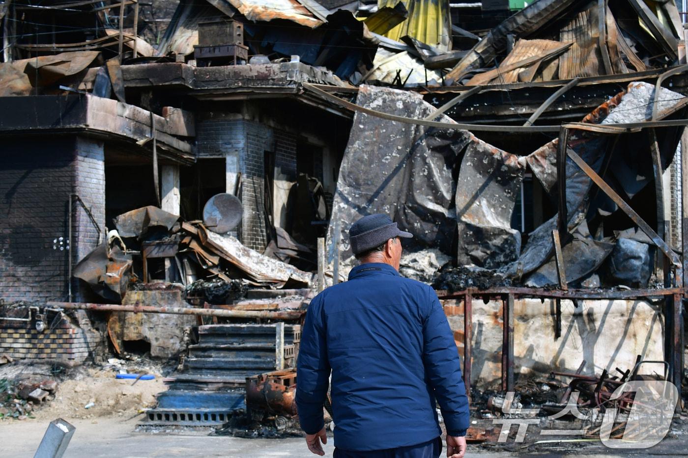 경북도는 27일 대형 산불 피해 지역인 영덕군 노물리에서 현장 회의 '전화위복 버스'(불을 이기고 뉴딜경북)를 열었다. 사진은 지난 4월 3일  노물리에서 70대 어촌계장이 피해상황을 둘러보는 모습. 2025.4.3/뉴스1 ⓒ News1 최창호 기자