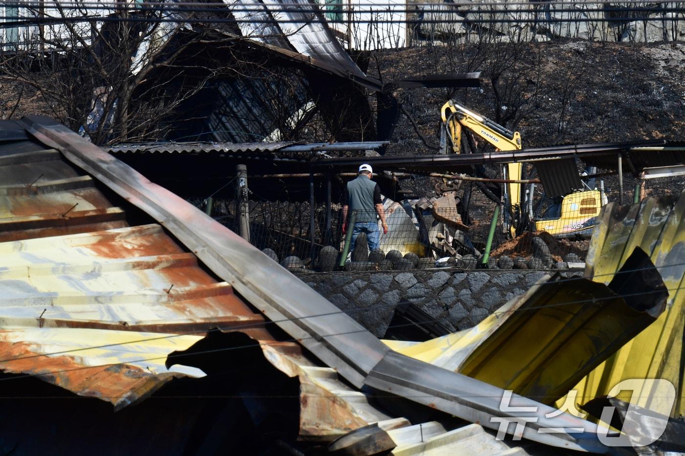 3일 오전 산불피해지역인 경북 영덕군 노물리에서 마을 주민들이 중장비로 불에 탄 건물 등을 철거하고 있다. 2025.4.3/뉴스1 ⓒ News1 최창호 기자