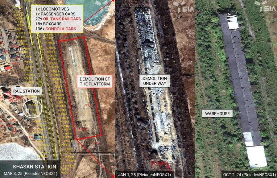 본문 이미지 - SI 애널리틱스는 북러를 잇는 철도 노선의 러시아쪽인 하산역 인근 창고의 지난해 10월, 올해 1월, 3월 위성사진을 비교하며 건물 구조물이 사라지는 모습을 포착했다. &#40;NK 인사이더 갈무리&#41;