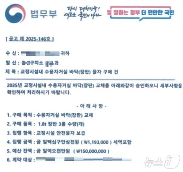 본문 이미지 - 실제 사칭 사기에 사용된 위조 공문.(울산구치소제공. 재판매 및 DB 금지)