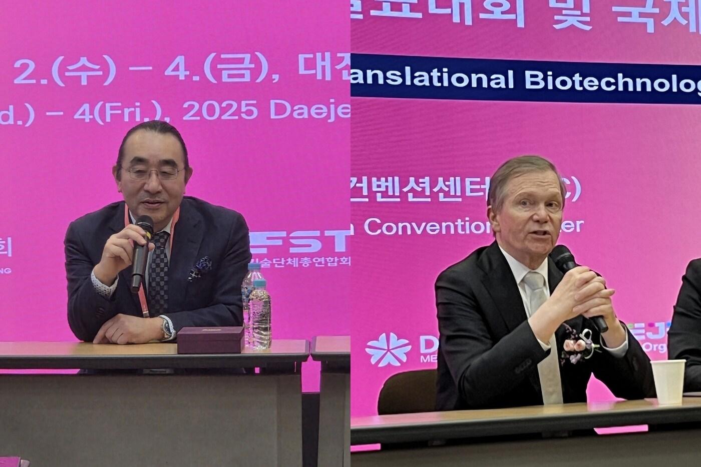 스가 히로아키 도쿄대 교수&#40;왼쪽&#41;과 버나드 팔슨 UCSD 교수. 이 둘은 3일 대전 유성구 대전컨벤션센터&#40;DCC&#41;에서 한국생물공학회가 주최한 춘계학술발표대회 및 심포지엄에 참석했다.&#40;생물공학회 제공&#41;