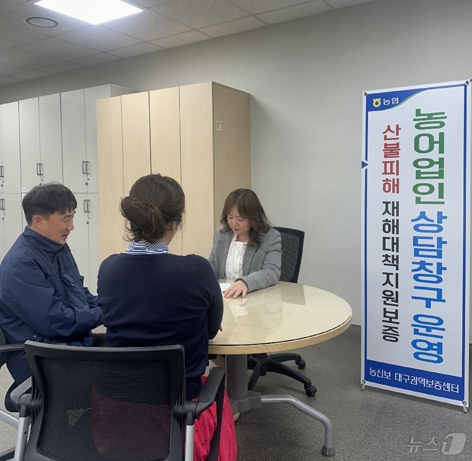 본문 이미지 - 경북 산불 피해 농림어업인이 농협중앙회 농림수산업자신용보증기금 대구권역센터를 방문해 직원에게 재해복구자금 대출에 대한 설명을 듣고 있다.(대구농협 제공. 재판매 및 DB 금지)