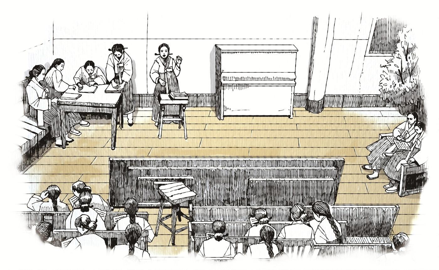 근우회 창립총회 모습 펜 일러스트.(국사편찬위원회 제공)