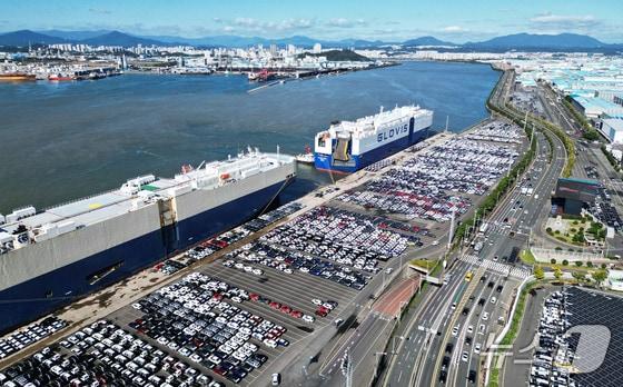 본문 이미지 - 현대자동차 울산공장 수출선적부두에 입항한 현대글로비스의 자동차운반선. (현대자동차기아 제공) 2025.1.14/뉴스1