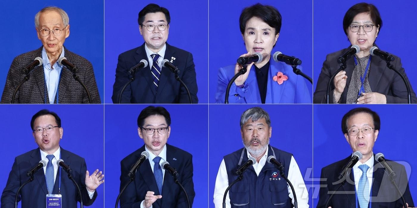 30일 서울 여의도 국회 의원회관에서 열린 &#39;더불어민주당 제21대 대통령선거 중앙선거대책위원회 출범식&#39;에서 상임 총괄선대위원장을 맡은 윤여준 전 환경부 장관&#40;윗 사진 왼쪽부터&#41;과 박찬대 당대표 직무대행 겸 원내대표, 총괄선대위원장을 맡은 강금실 전 법무부 장관, 정은경 전 질병관리청장, 김부겸 전 총리&#40;아래 사진 왼쪽부터&#41;, 김경수 전 경남지사, 김동명 한국노총위원장, 공동선대위원장을 맡은 이석연 전 법제처장이 각오를 밝히고 있다. 2025.4.30/뉴스1 ⓒ News1 김민지 기자