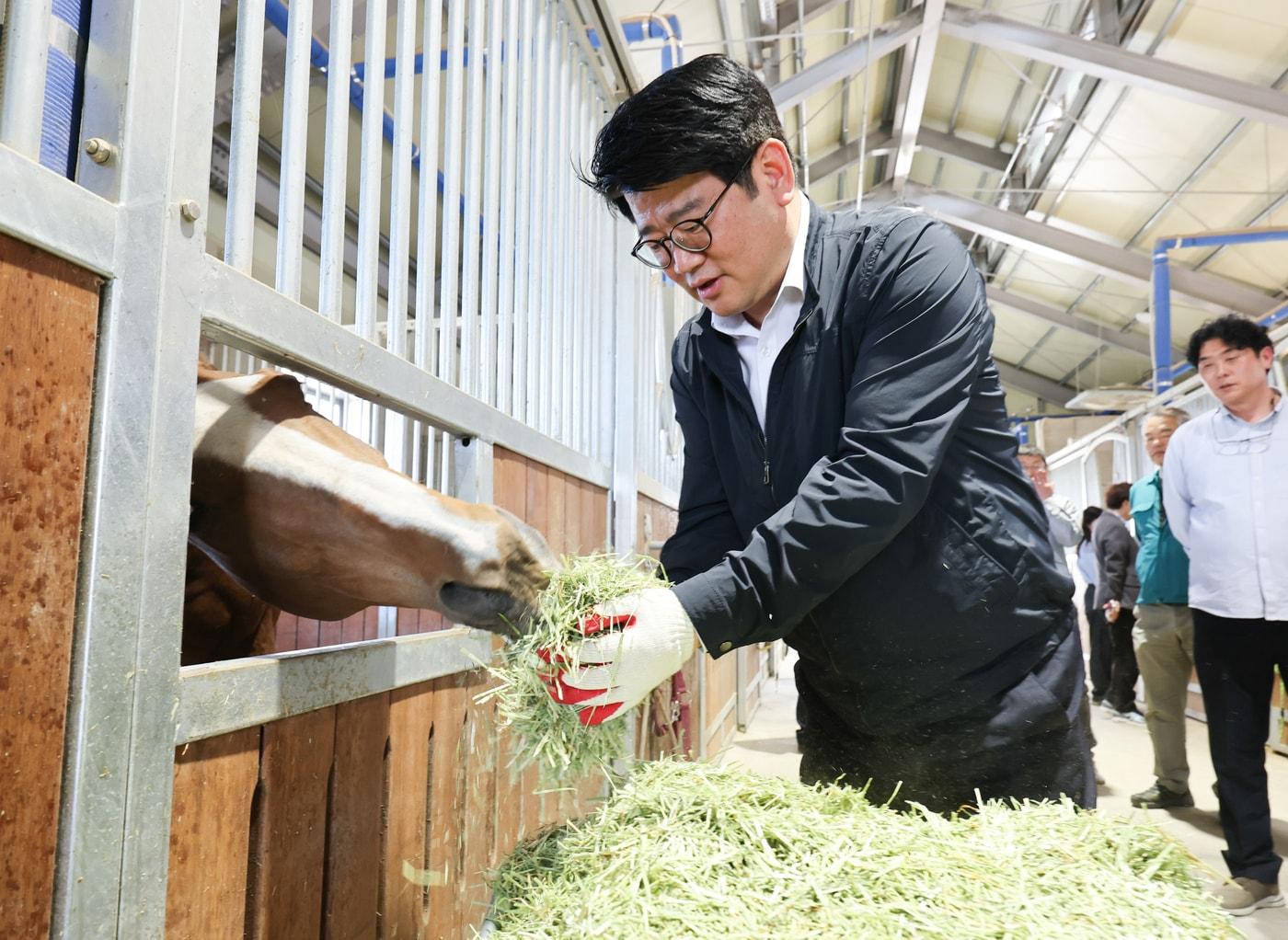 본문 이미지 - 권재한 농촌진흥청장은 30일 전북 익산시 열풍건초 생산 실증 농가와 익산시 공공승마장을 방문해 국산 열풍건초 생산, 유통 현황을 점검했다. (농촌진흥청 제공) 2025.04.30 /뉴스1