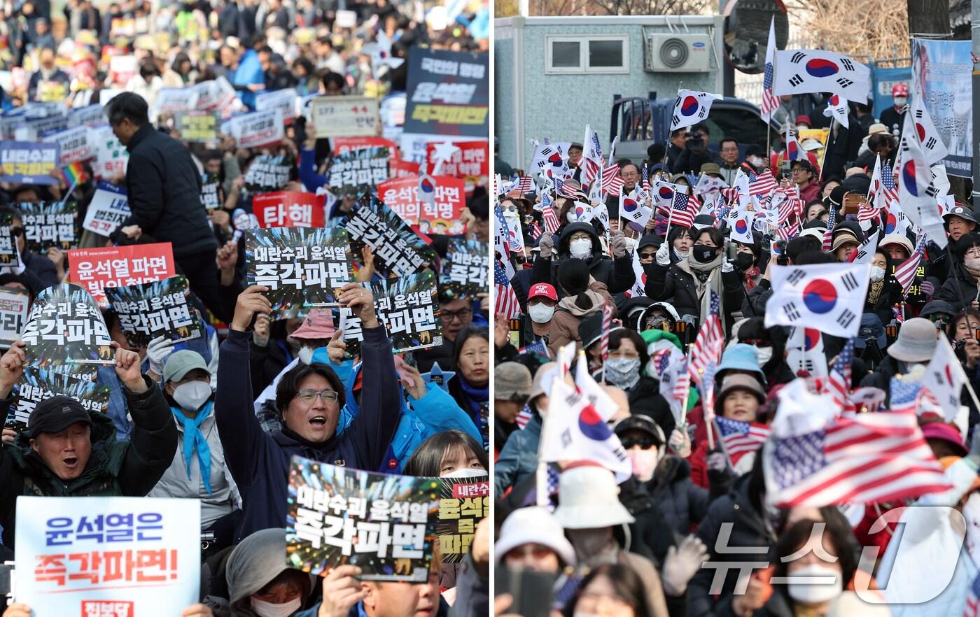 윤석열 대통령 탄핵 선고일인 4일 서울 도심에서 탄핵 찬반 집회가 열렸다. 사진은 이날 서울 종로구 안국역 인근에서 열린 찬성집회&#40;왼쪽&#41;과 용산구 한남동 대통령 관저 인근에서 열린 반대 집회. 2025.4.4/뉴스1 ⓒ News1 김성진 기자,이승배 기자