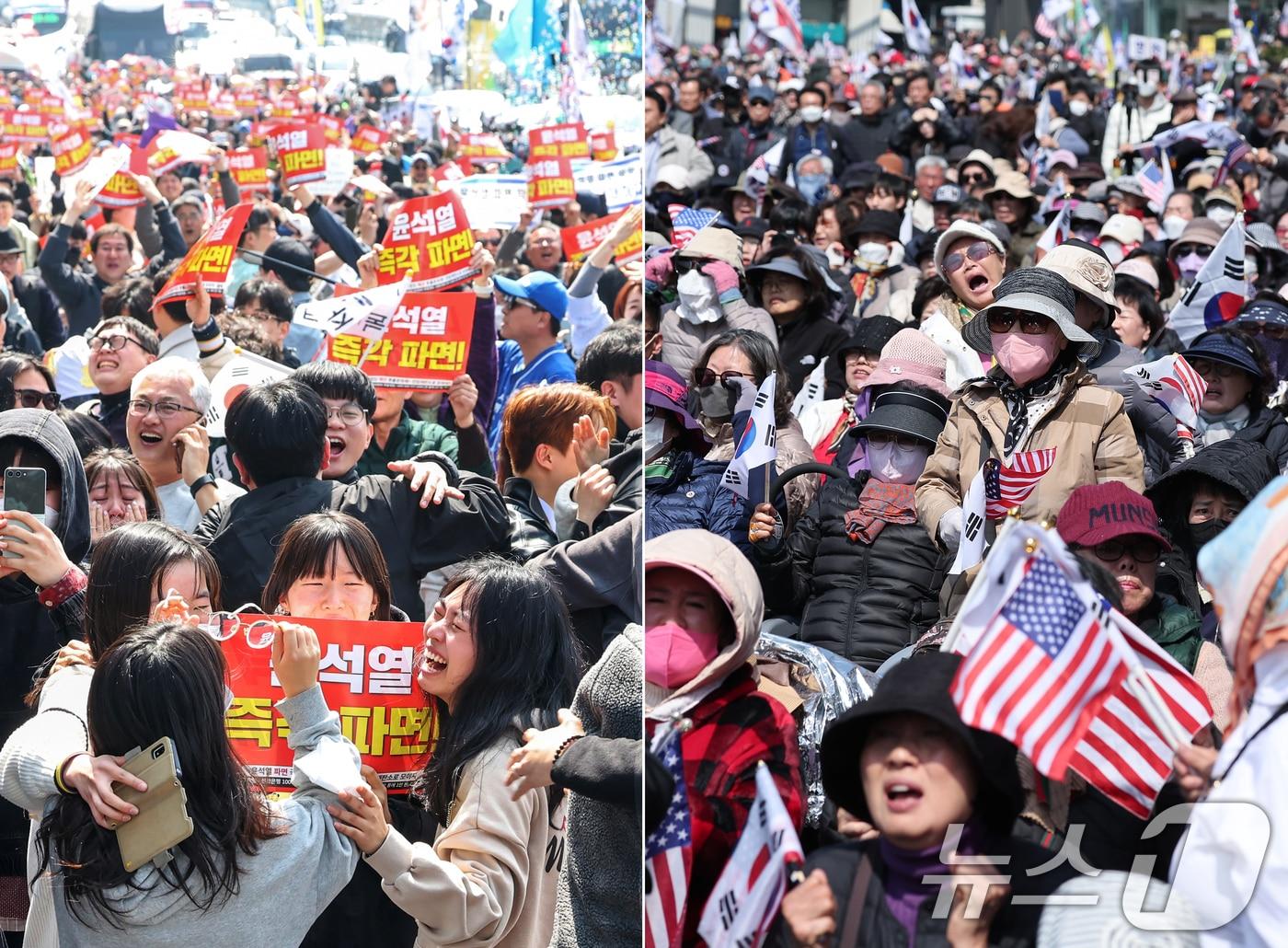 본문 이미지 - 사진 왼쪽은 이날 서울 용산구 대통령 관저 앞에서 진보단체 회원들을 비롯한 시민들이 기뻐하는 모습(왼쪽)과 대통령 지지자들이 허탈에 하는 모습. 2025.4.4 ⓒ 뉴스1 민경석 기자,김성진 기자