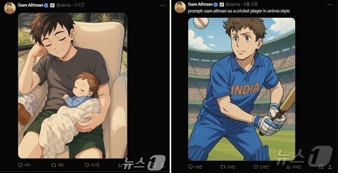 본문 이미지 - 샘 올트먼 오픈AI CEO가 챗GPT가 생성한 자신의 애니메이션&#40;지브리&#41; 스타일 이미지를 X에 반복해 게재하고 있다.&#40;X 갈무리&#41;