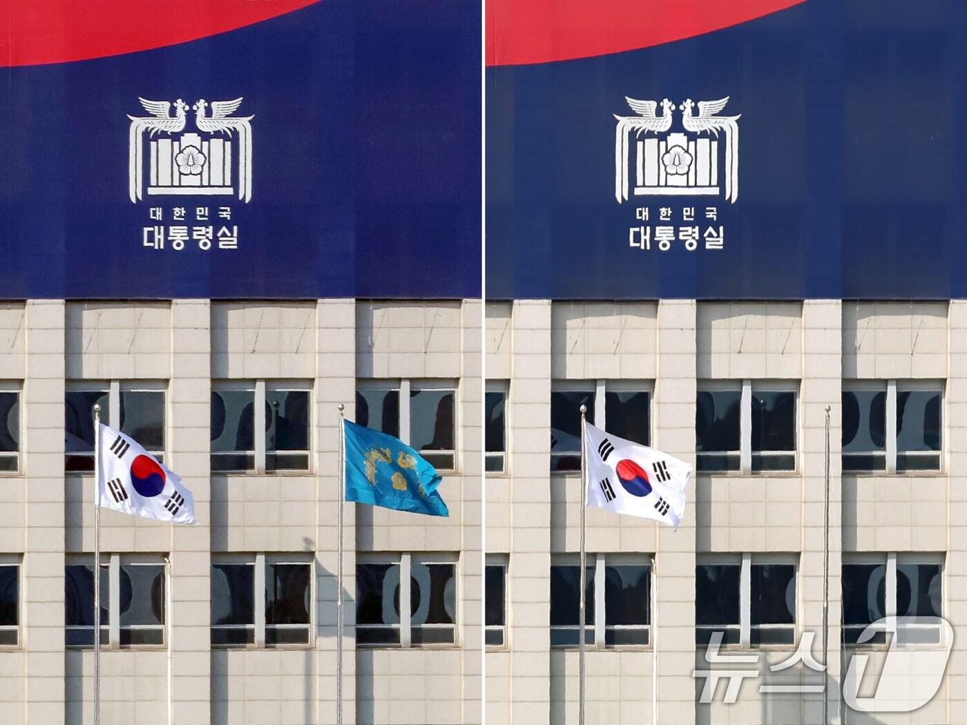 본문 이미지 - 헌법재판소가 윤석열 대통령에 대한 탄핵심판에서 전원일치 인용 의견으로 파면 결정을 내린 4일 서울 용산구 대통령실에 게양돼 있던 '봉황기'(사진 왼쪽, 지난 3월 모습)가 내려가 있다. '봉황기'는 대통령 재임 기간 중 상시 게양되는 국가수반의 상징으로, 1967년 1월 박정희 대통령 시절부터 사용됐다. 2025.4.4/뉴스1 ⓒ News1 민경석 기자,황기선 기자