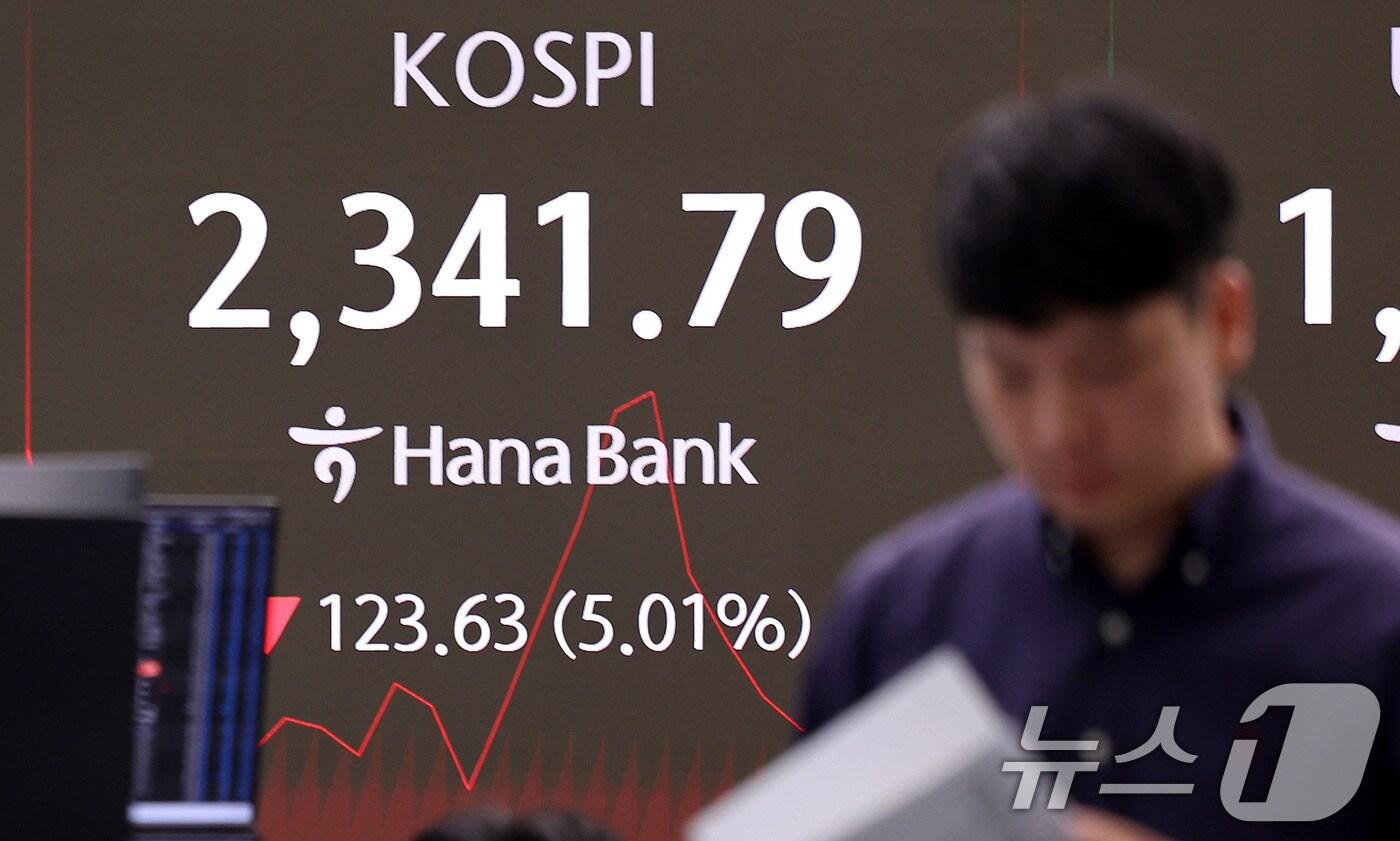 코스피 지수가 장중 2400대 아래로 떨어진 7일 서울 중구 하나은행 본점 딜링룸에서 직원들이 업무를 보고 있다. 코스피가 장중 2400대 아래로 떨어진 건 지난 1월 2일 이후 처음이다. 2025.4.7/뉴스1 ⓒ News1 박지혜 기자