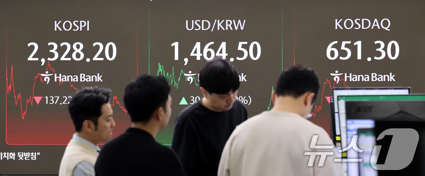 7일 서울 중구 외환은행 딜링룸 전광판에 종가 현황이 표시돼 있다. 이날 코스피는 전 거래일 종가와 비교해 137.22포인트(p)(5.57%) 하락한 2328.20으로 마감했다. 2025.4.7/뉴스1 ⓒ News1 박지혜 기자