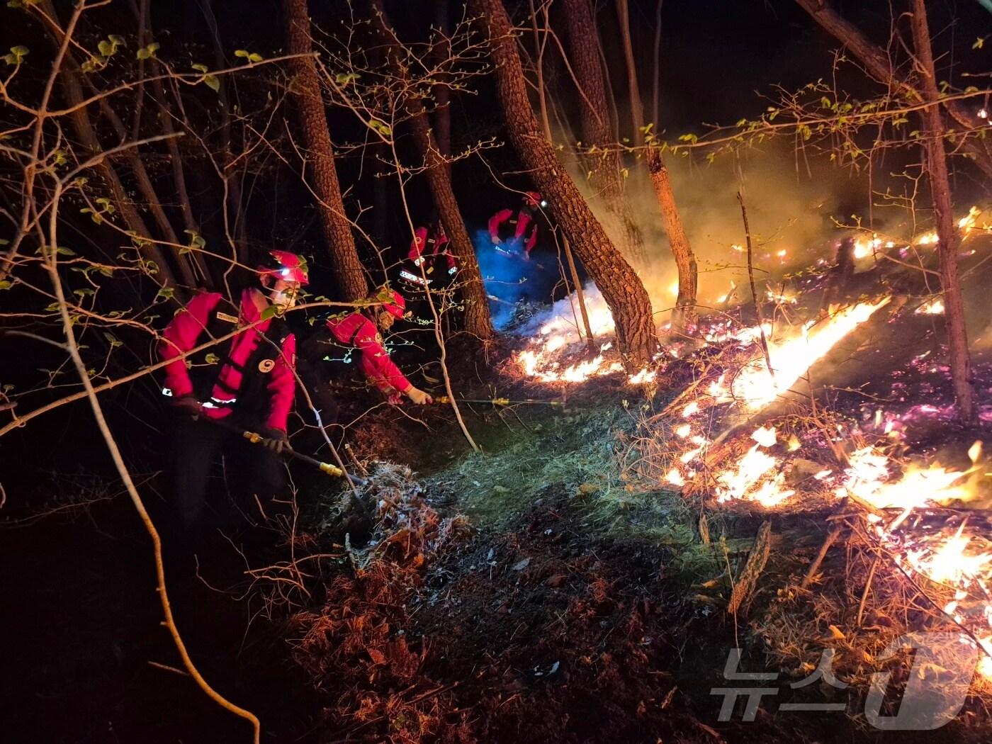 본문 이미지 - 7일 산불진화대원들이 경남 하동 옥종면에서 난 산불 야간 진화를 실시하고 있다.(산림청 제공. 재판매 및 DB금지.)