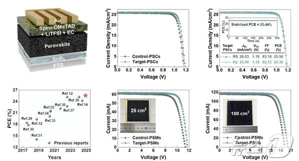 본문 이미지 - 에틸렌 카보네이트를 첨가해 만든 페로브스카이트 태양전지 셀&#40;cell&#41;과 모듈의 광전변환 효율 모식도. &#40;UNIST 제공. 재판매 및 DB 금지&#41; /뉴스1